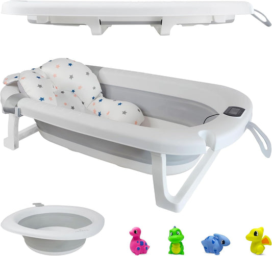 Baignoire Bébé Pliable Portable Thermomètre Intégré Coussin Antidérapant Écope Jouets GRIS