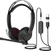 Casque Filaire Double Oreille Stéréo avec Micro Contrôle en Ligne Connexion à PC/Mac/Mobile via USB A/Type-C/3,5mm