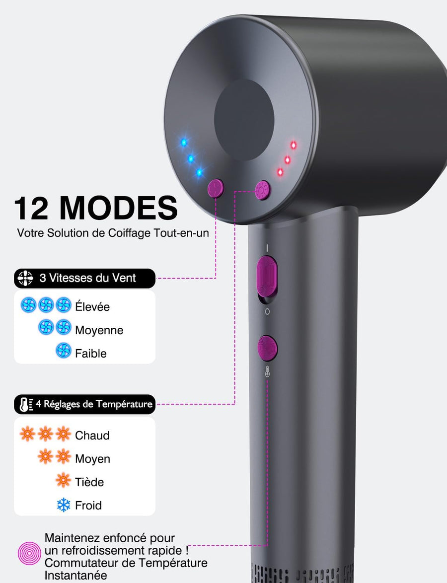 Seche Cheveux 500 Millions Sèche Cheveux Ionique Voyage 1600W 160 000 tr/min 12 Mode 4 Température Séchage Rapide Hair Dryer Professionnel Silencieux Léger 3 Vitesses