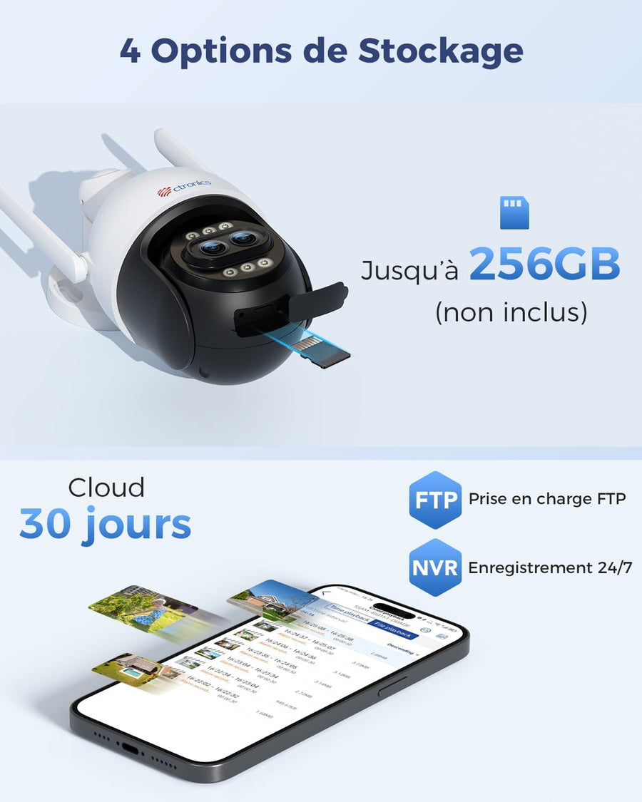 Ctronics [Zoom Hybride 10X 4K Caméra de Surveillance Extérieure, Double Objectif, Métal IP Camera 2.4/5GHz WiFi, Suivi Auto/Détection Hum/Véh/ANI, 256GB TF/Cloud/PC, Vision Nocturne Color, IP66