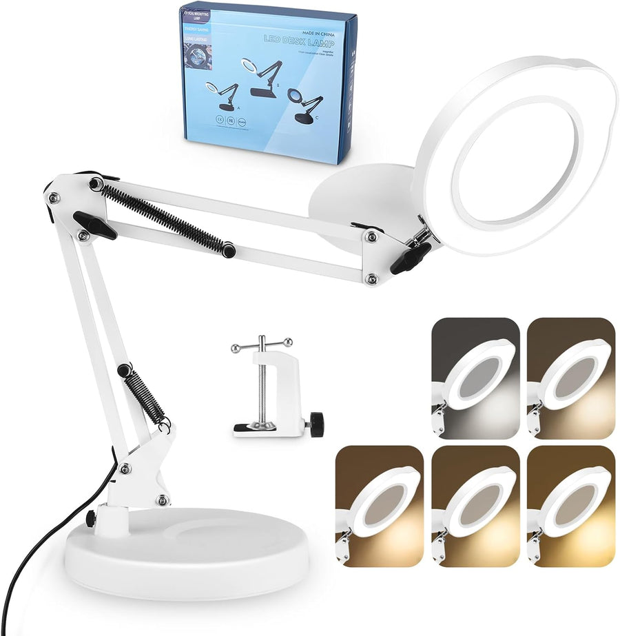 Lampe Loupe 15X, 2-in-1 Lampe de Bureau Loupe Eclairante avec Base et Pince, 5 Modes de Couleur, Gradation en continu, Lampe Loupe LED avec Rotation à 360° Bras Pivotant