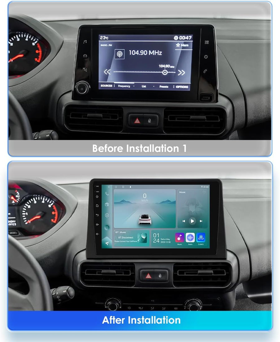 Ecran Carplay Autoradio Android 14 10,1" pour Citroën Berlingo 2019/Peugeot Partner Rifter 2020/Opel Combo 2 Go et 64 Go de mémoire, prend en charge Carplay sans fil/Android Auto, commande au volant, WiFi/4G, FM