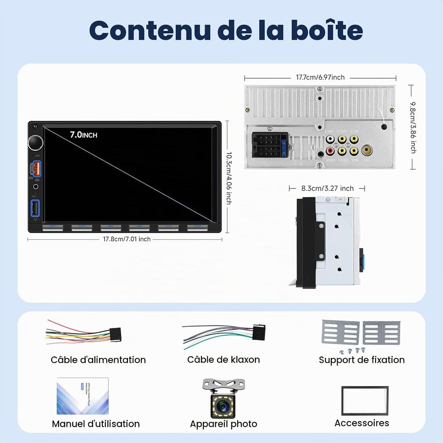 Ecran 2Din Autoradio avec Carplay sans Fil Android Auto, 7 Pouces Touches Piano 2 Din Écran Tactile Radio Voiture avec Bluetooth, Radio FM, EQ, Vidéo en Ligne, Mirror Link, USB/AUX/Type-C, SWC