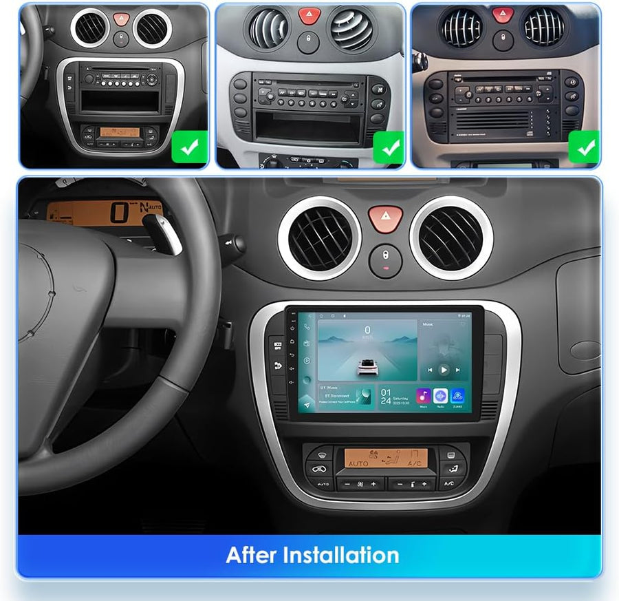 Autoradio 4 cœurs 2G+64G Android 14 9" pour Citroën C2 C3 2001 2002 2003 2004 2005 2006 2007 2008 2009 2010, Prend en Charge Carplay/Android Auto, Commande au Volant, Wi-Fi/4G, AM/FM