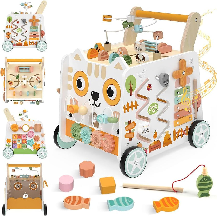 Trotteur en bois pour bébé,centre d'activités Montessori,hauteur réglable pour enfant de 1 an,cube d'activités 16 en 1 avec labyrinthe de perles,trieur de formes, xylophone,jouet d’éveil dès 12 mois