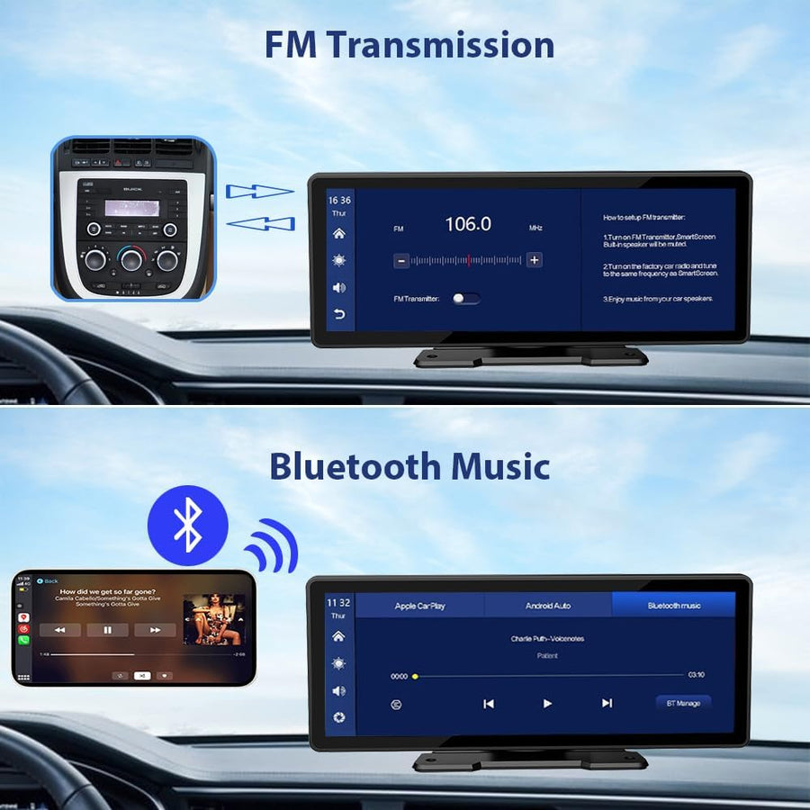 Écran Portable de Voiture 10,3'' HD IPS avec Android Auto et Apple CarPlay sans Fil, Émetteur FM Bluetooth, Compatible 7V-32V pour Camions et Fourgonnettes