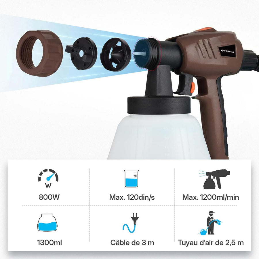 Pistolet à Peinture, 800W 1300ML Pistolet Peinture avec Récipient Amovible, 3 Buses et 3 Modes, Facile à Pulvériser et Nettoyer, Idéal pour Maison, Clôtures, Plafonds