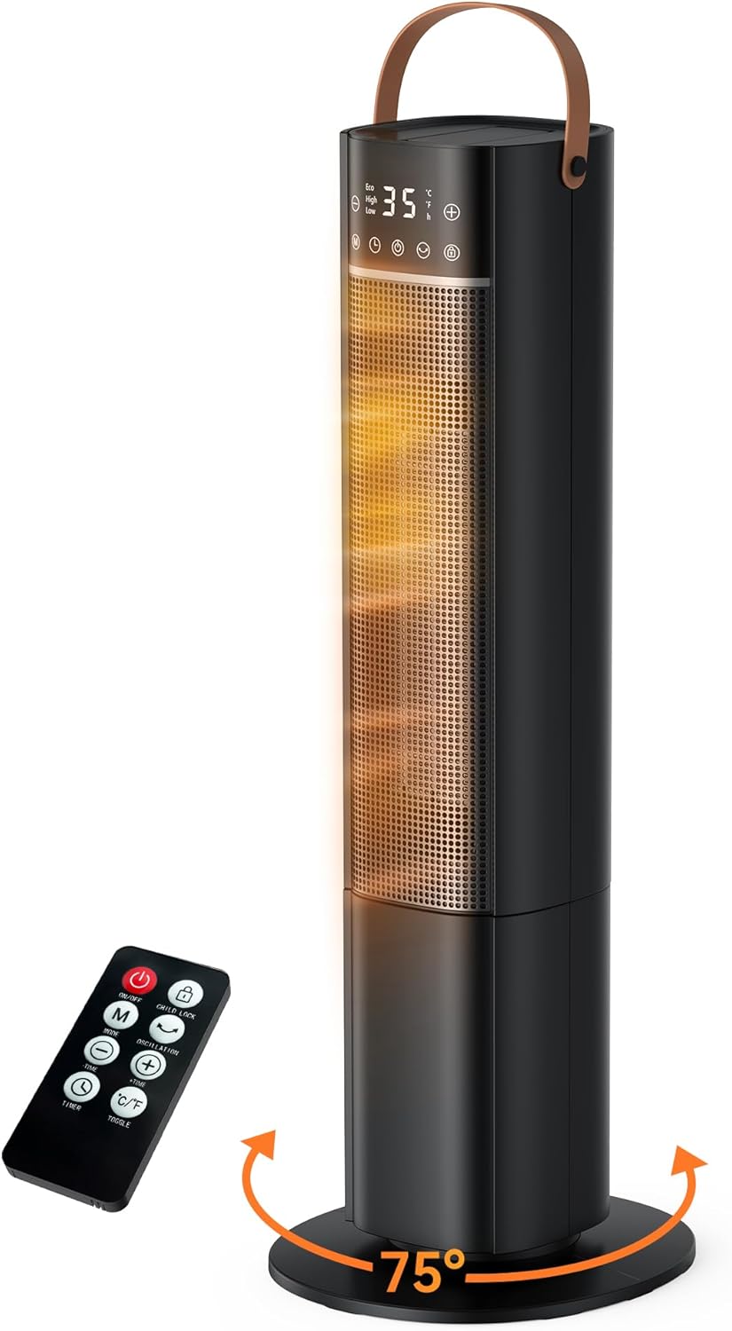 Chauffage d'Appoint, 2000W PTC Chauffage Electrique, Oscillant à 75°, 3 Modes, Minuterie 24H, Télécommande, Protection contre Basculement/Surchauffe, Radiateur Soufflant