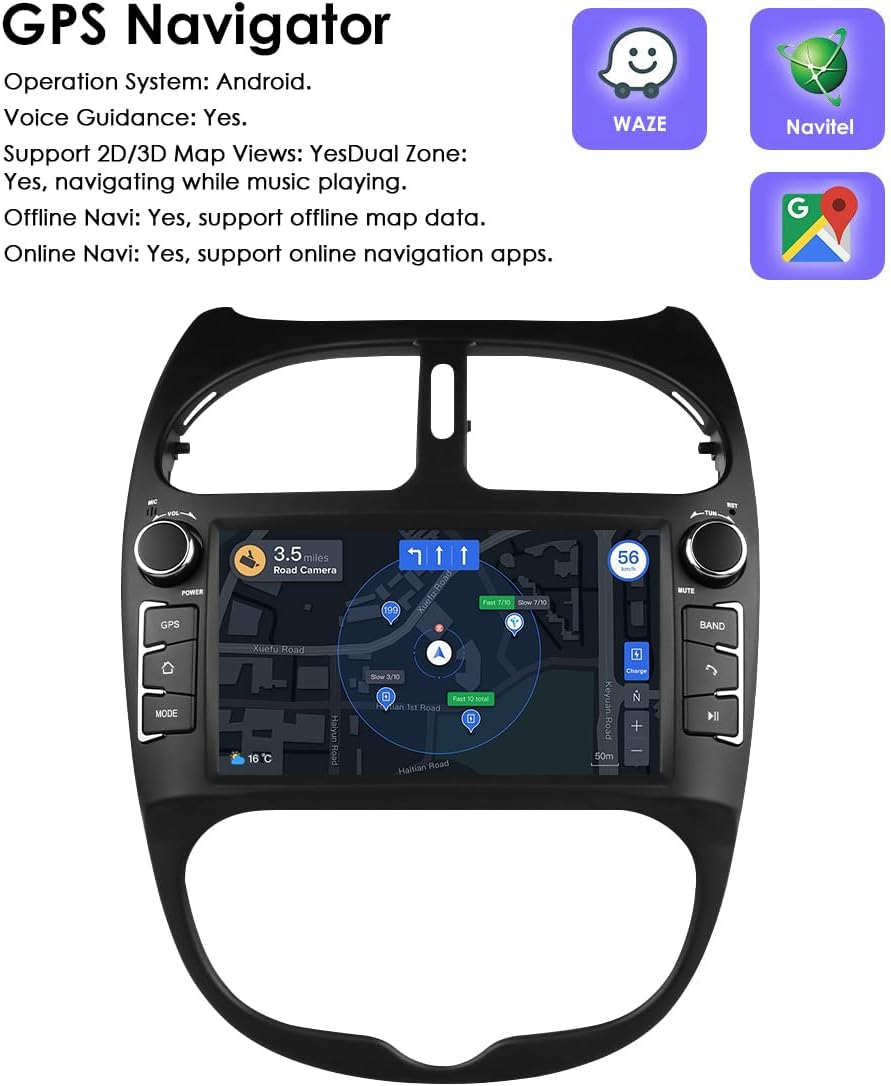 Autoradio Android 14 Pouces Écran Tactile 4 cœurs pour Peugeot 206 206cc 2000-2008 WiFi CarPlay/Android Auto Bluetooth 4G SWC GPS RDS 2 Go + 32 Go