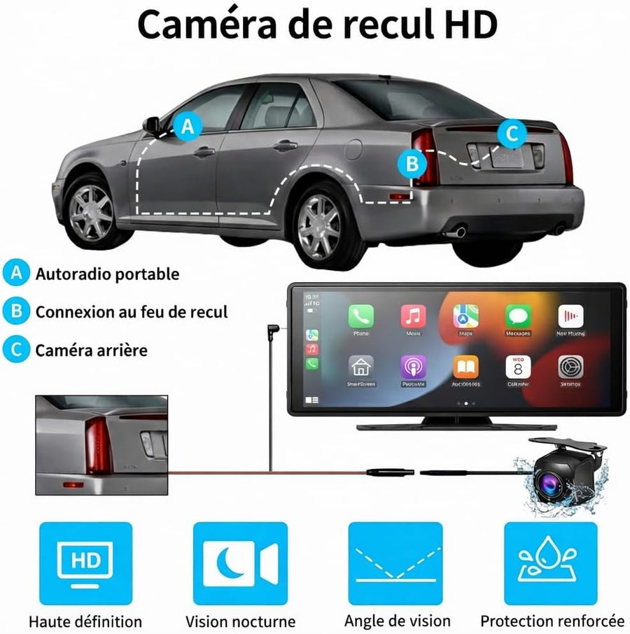 Dashcam Voiture 4K & Écran CarPlay Android Auto sans Fil 10.26" - Caméra de Recul 1080P, Apple AirPlay/Mirror Link, Bluetooth 5.0, AUX/FM, Navigation GPS, Commande Vocale, Tableau de Bord