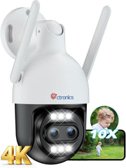 Ctronics [Zoom Hybride 10X 4K Caméra de Surveillance Extérieure, Double Objectif, Métal IP Camera 2.4/5GHz WiFi, Suivi Auto/Détection Hum/Véh/ANI, 256GB TF/Cloud/PC, Vision Nocturne Color, IP66