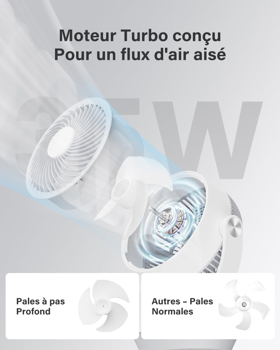 Ventilateur de Table Silencieux, 25 dB, 33CM Ventilateur Portable de Circulation D'air, oscillation manuelle verticale 120° + oscillation 90°, 4 vitesses, 4 modes, Télécommande, minuterie 12h