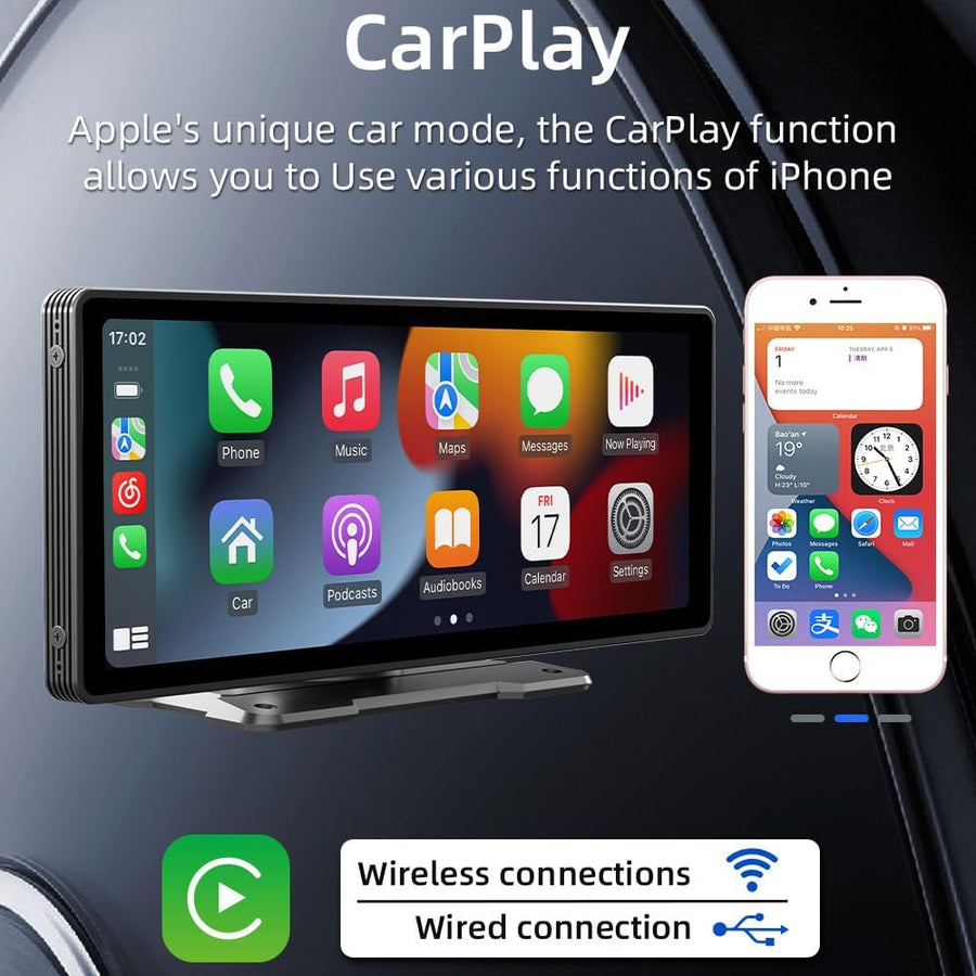 Écran Portable de Voiture 10,3'' HD IPS avec Android Auto et Apple CarPlay sans Fil, Émetteur FM Bluetooth, Compatible 7V-32V pour Camions et Fourgonnettes