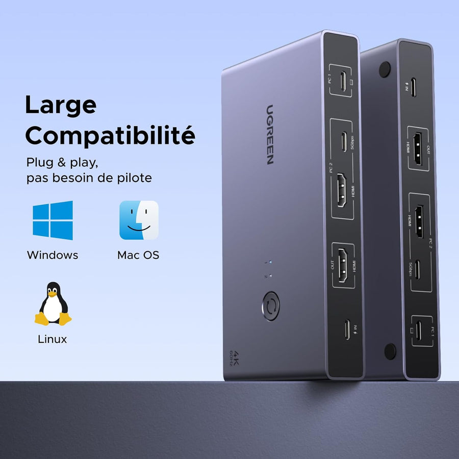 KVM Switch HDMI USB C 4K 60Hz 2 Entrées 1 Sortie avec 4 Ports USB 3.0 3A1C 5Gbps Commutateur KVM Câble HDMI et Câble USB-C Vidéo Inclus