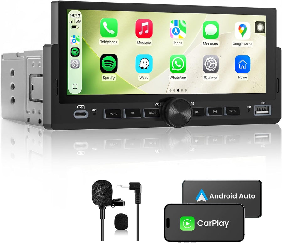 Autoradio 1 DIN, CarPlay Voiture & Android Auto sans Fil, Poste Radio Bluetooth Main Libre, Écran Tactile, Navigation GPS, Contrôle Vocal, AUX/FM, MirrorLink, USB Type-C (6,86")
