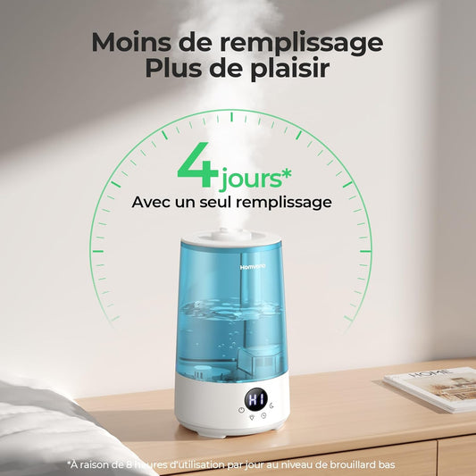 Humidificateur Air 3.6L Cool Mist Top-Fill 19dB Silencieux Plusieurs Modes 7 Couleurs Autonomie 34h