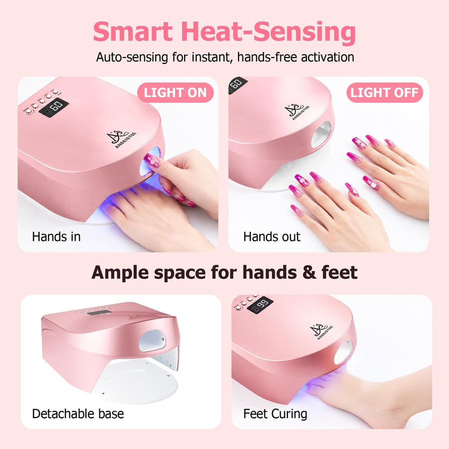 Lampe D'ongles, Fente de Lumière du Pouce, 72W Lampe de Durcissement Rapide Professionnelle pour Tous les Polissages en Gel, Apteur Automatique, écran LED, Rose
