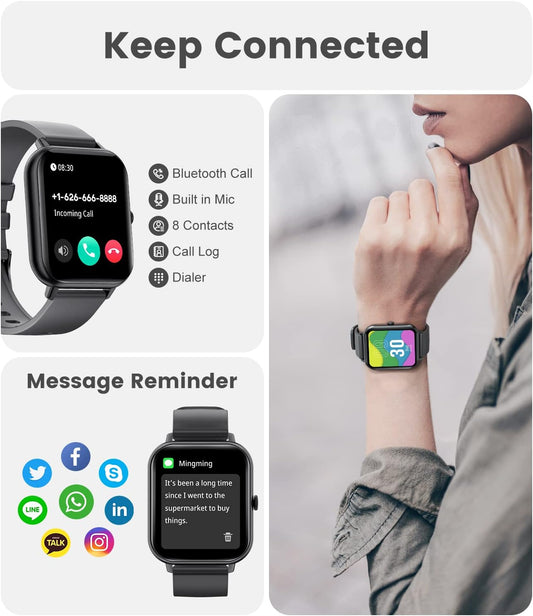 Montre Connectée Bluetooth Ecran 1,85 Pouces Montre Intelligente Etanche IP67 Sportif NOIR