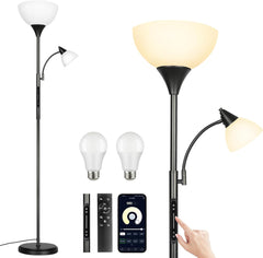 Lampadaire sur Pied Salon, 4 Températures de Couleur, Luminosité Réglable, Lampe sur Pied de Salon avec 2 Lampes avec Interrupteur Tactile, Application et Télécommande, Fonction Mémoire