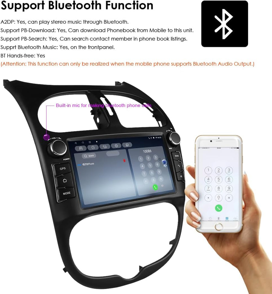 Autoradio Android 14 Pouces Écran Tactile 4 cœurs pour Peugeot 206 206cc 2000-2008 WiFi CarPlay/Android Auto Bluetooth 4G SWC GPS RDS 2 Go + 32 Go