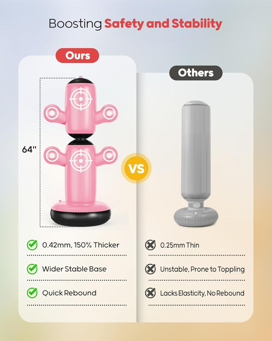 Sac de frappe rotatif à 360 ° pour enfants, plus grands sacs de frappe de 64 pouces, avec gants, pompe à main et 6 cibles, jouet de boxe gonflable ROSE