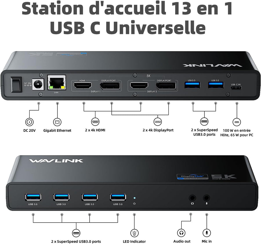 Displaylink USB C Station d'accueil Universelle avec 2 x HDMI & DP 65 W PD, Gigabit Ethernet, 6 × USB 3.0, Audio, Microphone, Compatible avec Mac OS et Windows