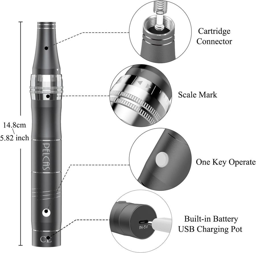 Stylo Beauté Microneedling, Appareil de Soin du Visage et du Corps avec 3 Vitesses et 12 Cartouches de Remplacement, Rechargeable