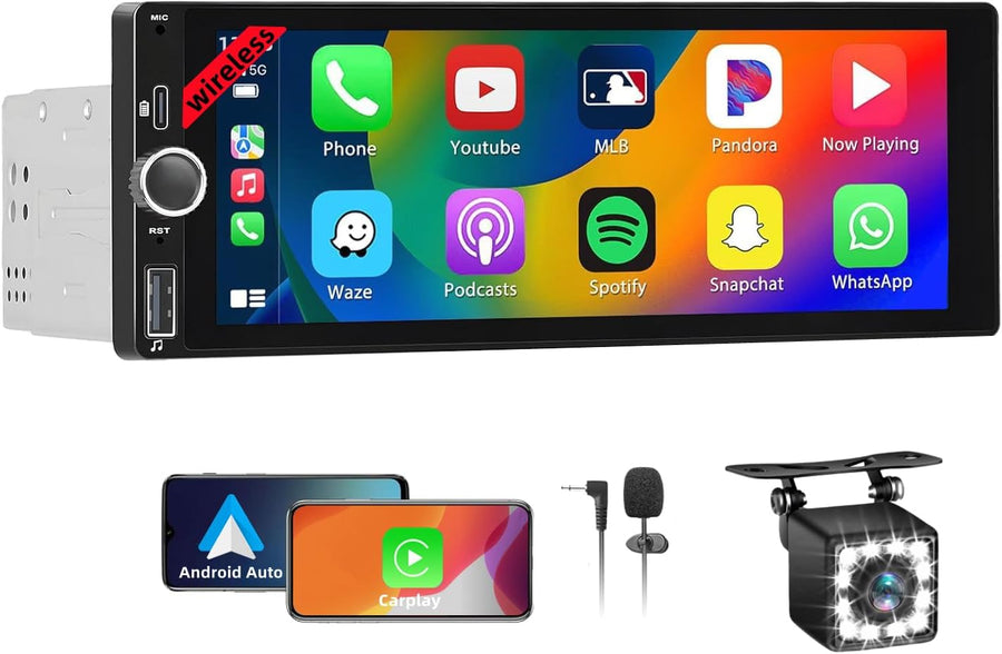 Autoradio CarPlay 1 DIN - 6.86 Pouces HD Ecran Tactile Radio Car Play sans Fil Soutien PhoneLink iOS/Android avec Caméra de Recul, RDS Radio FM/Type-C de Recharge/Mic/EQ/SWC
