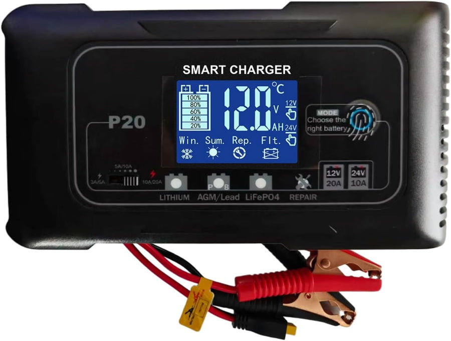 Chargeur et mainteneur de Batterie Intelligent 12V/24V 20A, Chargeur P20 4 Modes Lithium/AGM/Plomb-Acide/LiFePO4 avec écran LCD et réparation par impulsions, pour Voitures, Motos et Bateaux