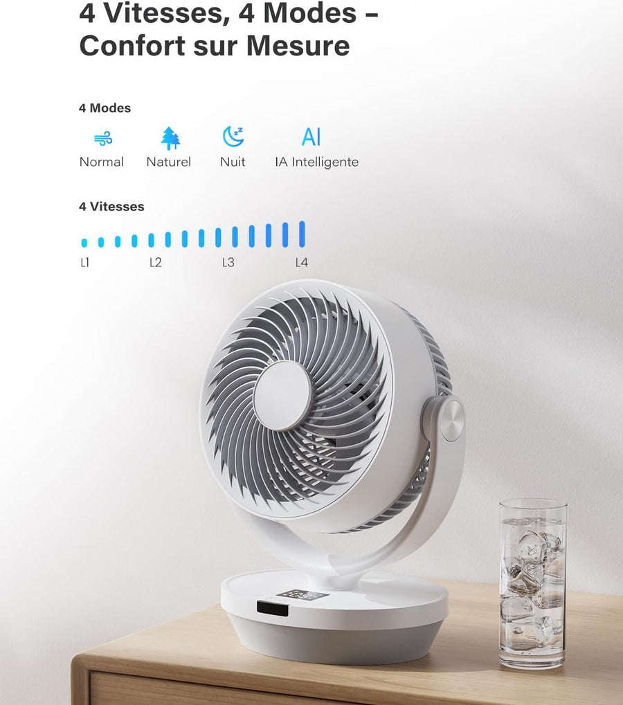 Ventilateur de Table Silencieux, 25 dB, 33CM Ventilateur Portable de Circulation D'air, oscillation manuelle verticale 120° + oscillation 90°, 4 vitesses, 4 modes, Télécommande, minuterie 12h