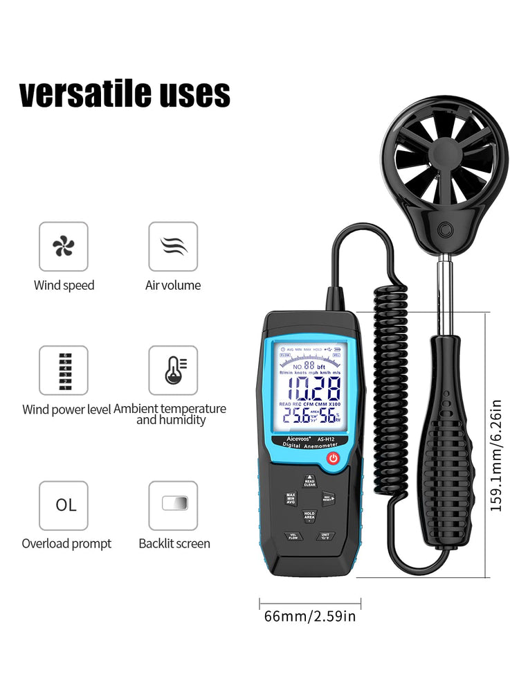 Anémomètre Numérique Portable Capteur Mesure Vitesse du Vent Température Humidité Ecran LCD