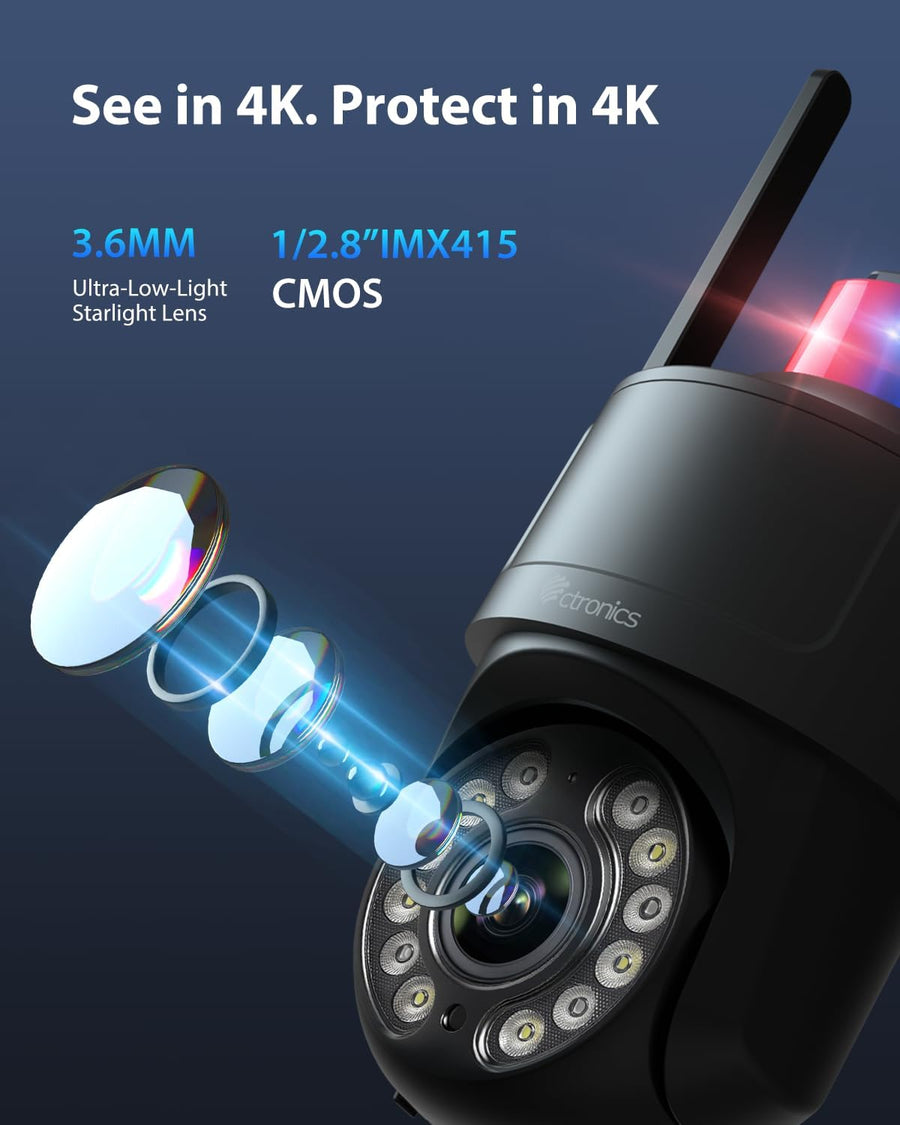 Caméra Surveillance 4K Extérieure avec Zoom Optique 5X, Vision Nocturne Couleur/IR Starlight 50m, Suivi Auto, Lumière Rouge-Bleue & Sirène, WiFi 5G/2,4G, App/PC, SD 256Go/FTP/NAS NOIR