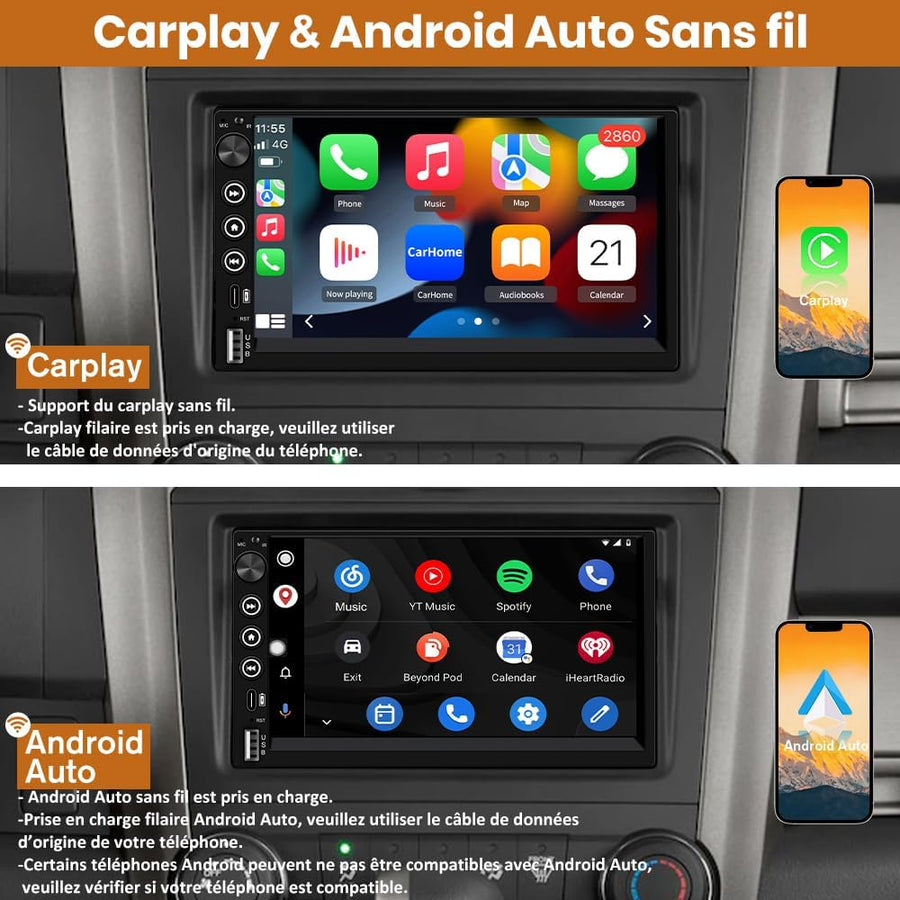 Autoradio 2DIN Bluetooth avec CarPlay & Android Auto, 7 Pouces Écran Tactile HD, Bouton Rotatif, USB/FM/Microphone, Miroir Link, Caméra de Recul Universel Voiture, Commande au Volant