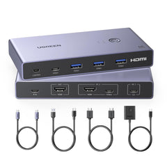 KVM Switch HDMI USB C 4K 60Hz 2 Entrées 1 Sortie avec 4 Ports USB 3.0 3A1C 5Gbps Commutateur KVM Câble HDMI et Câble USB-C Vidéo Inclus