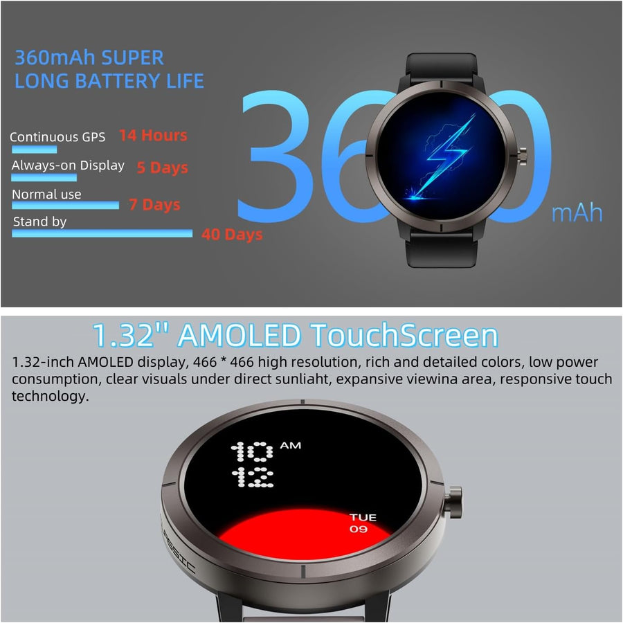 Smartwatch avec GPS intégré, étanche à 50M, Appel Bluetooth, Montre Sport d'extérieur pour Hommes et Femmes, 170 Modes d'entraînement, AMOLED 1,32", fréquence Cardiaque Sommeil SpO2