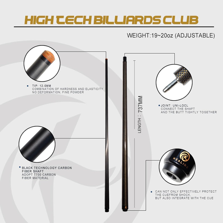 Queue de billard en fibre de carbone de 58 pouces, structure 1/2, connecteur à 3 dents, pointe de 12,4 mm, 540-567 g, convient pour les joueurs de billard professionnels