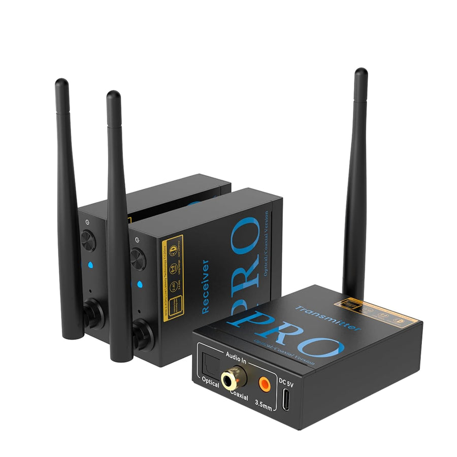 Émetteur Récepteur Audio Sans Fil 3-en-1, Transmission 2,4 GHz, Faible Latence, HiFi Musique depuis TV/PC vers Subwoofer/Haut-Parleur Actif/Amplificateur, Connexions Optique/Coaxiale/3,5 mm/RCA