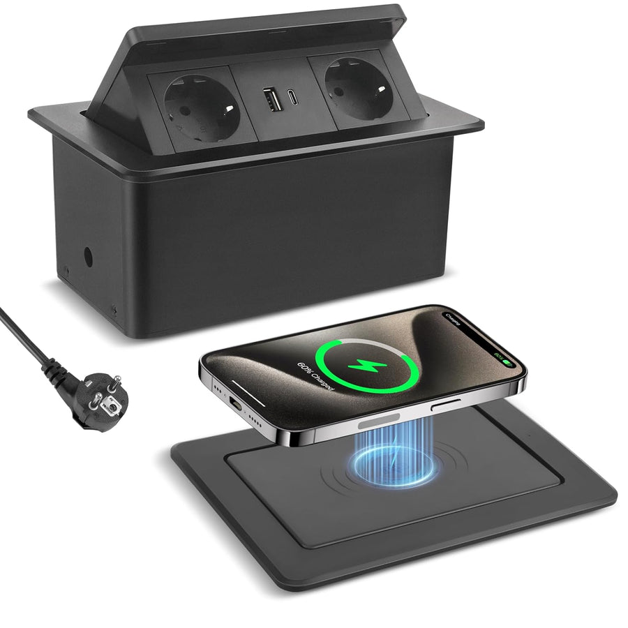 Prise Encastrable Plan de Travail, Multiprise Plate avec USB C PD 20 W et 15 W, Multiprise Encastrable Sans Fil, Prise Escamotable pour Cuisines Bureaux Salle de Réunion, 1.8M Câble