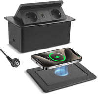Prise Encastrable Plan de Travail, Multiprise Plate avec USB C PD 20 W et 15 W, Multiprise Encastrable Sans Fil, Prise Escamotable pour Cuisines Bureaux Salle de Réunion, 1.8M Câble