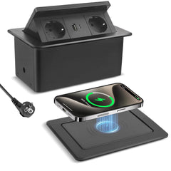 Prise Encastrable Plan de Travail, Multiprise Plate avec USB C PD 20 W et 15 W, Multiprise Encastrable Sans Fil, Prise Escamotable pour Cuisines Bureaux Salle de Réunion, 1.8M Câble