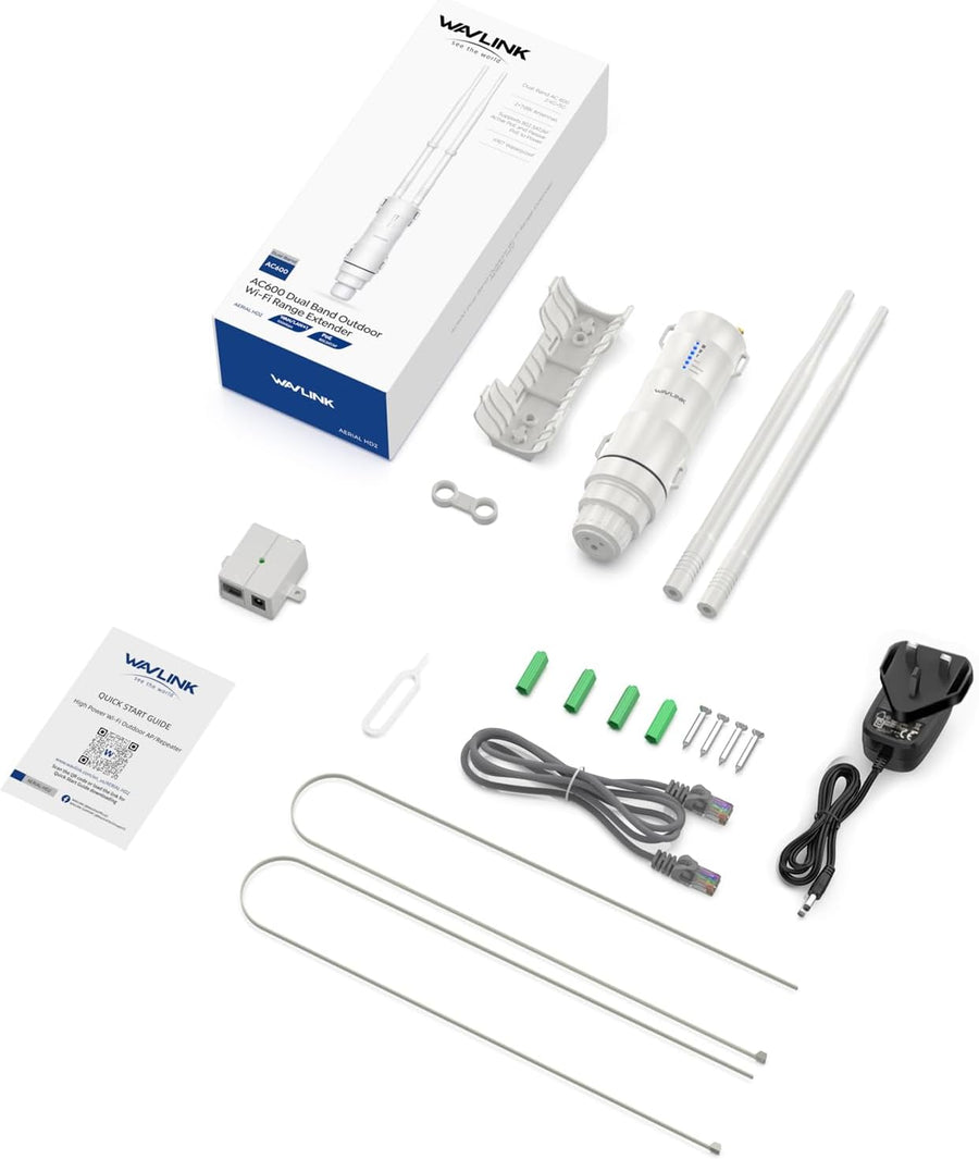 Répéteur Wi-FI extérieur WAVLINK AC600, Extension Wi-FI extérieure avec Power Over Ethernet, étanchéité IP65, RJ45 Gigabit, 2 antennes 7 dBi pour Une portée extérieure de 150m
