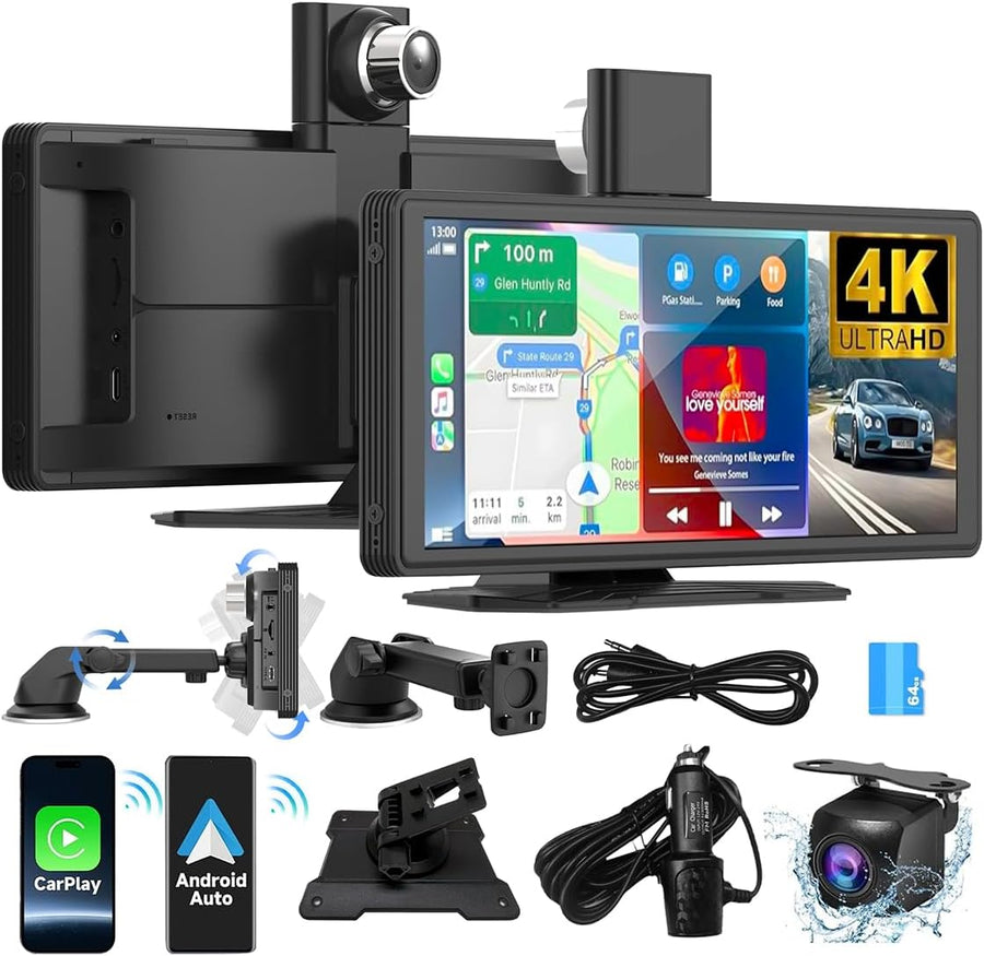 Dashcam Voiture 4K & Écran CarPlay Android Auto sans Fil 10.26" - Caméra de Recul 1080P, Apple AirPlay/Mirror Link, Bluetooth 5.0, AUX/FM, Navigation GPS, Commande Vocale, Tableau de Bord