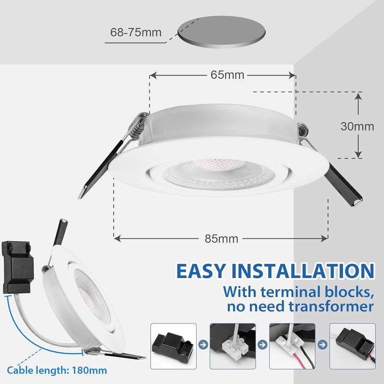 Spot LED Encastrable Orientable, 5W Spot Led Plafond Blanc Dimmable 220V Blanc Neutre 4000K 500LM Spot Encastrable LED Extra Plat, IP44