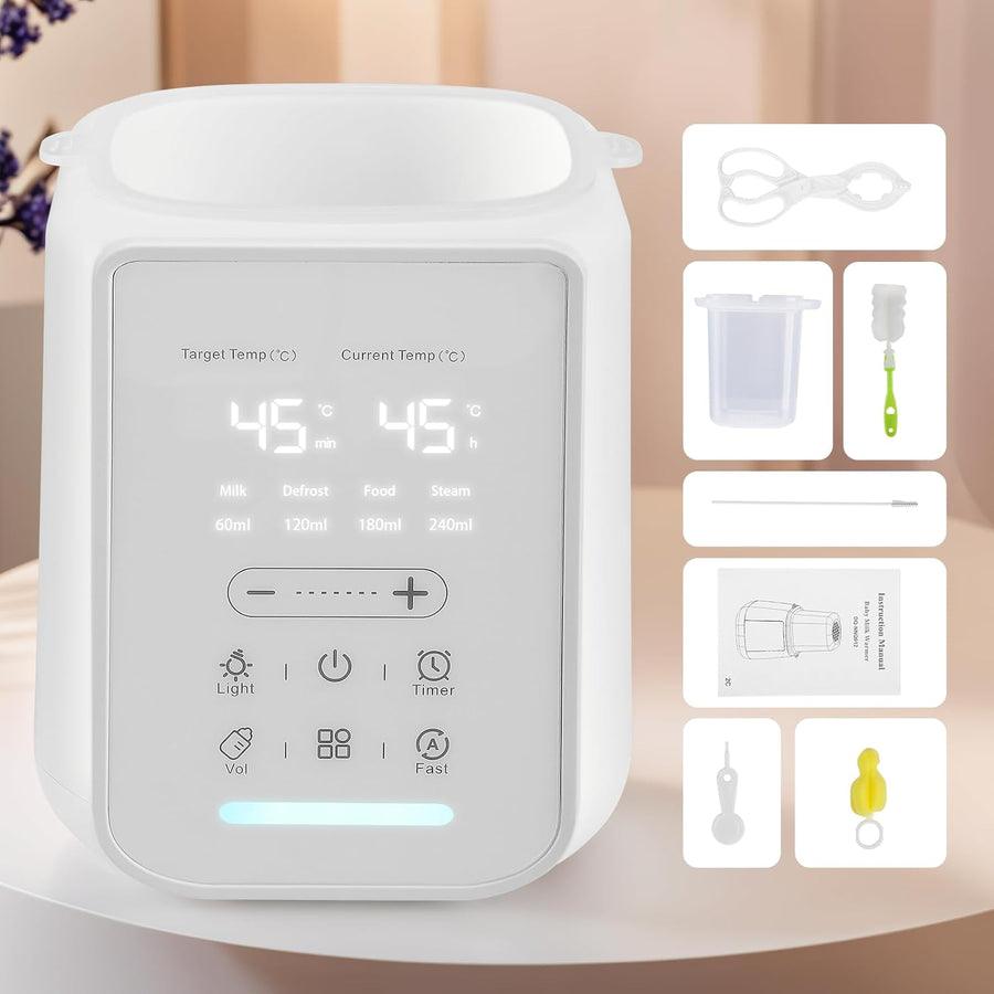 Chauffe-biberon 10 en 1 avec thermostat intelligent et veilleuse | Chauffage rapide en 2 à 5 minutes, stérilisation à la vapeur, arrêt automatique