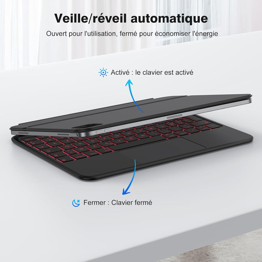 Clavier pour iPad Air 11 (M3/M2, 2025/2024)/Air 5/4 AZERTY ISO-FR, Magic Keyboard pour iPad Pro 11" (4/3/2/1 Gen) avec Pavé Tactile Pleine Surface, Rétroéclairé Réglable