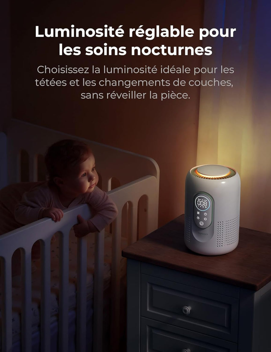 Purificateur d'air pour chambre d'enfant Momcozy, système à 4 filtres, moniteur et écran indiquant en temps réel la qualité de l'air (PM2,5), indication de l'état avec 3 couleurs, veilleuse réglable
