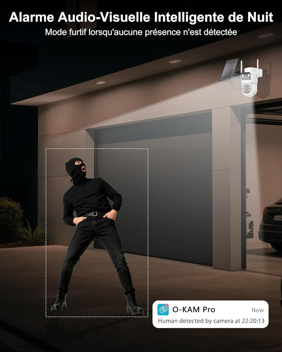 Camera Surveillance WiFi Exterieure sans Fil,à double objectif/Camera Solaire/Batterie,2.4/5G WIFI,360° PTZ Sécurité à Domicile,Vision Vocturne,Alarme,Audio Bidirectionnel,Suivi Automatique,IP66