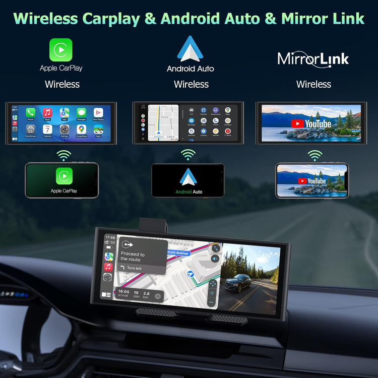 Ecran Carplay Auto 9.3" 1080P Caméra de Recul Dashcam Stéréo de Voiture IPS Écran Tactile avec Navigation, Assistant Vocal, Bluetooth, FM