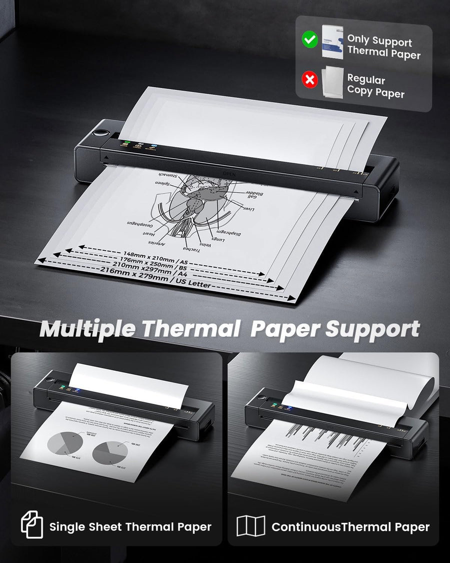 Imprimante Thermique Portable avec Étui, A28U sans Fil sans Encre A4/A5/B5, Impression Claire, Longue Autonomie, Bluetooth iOS Android