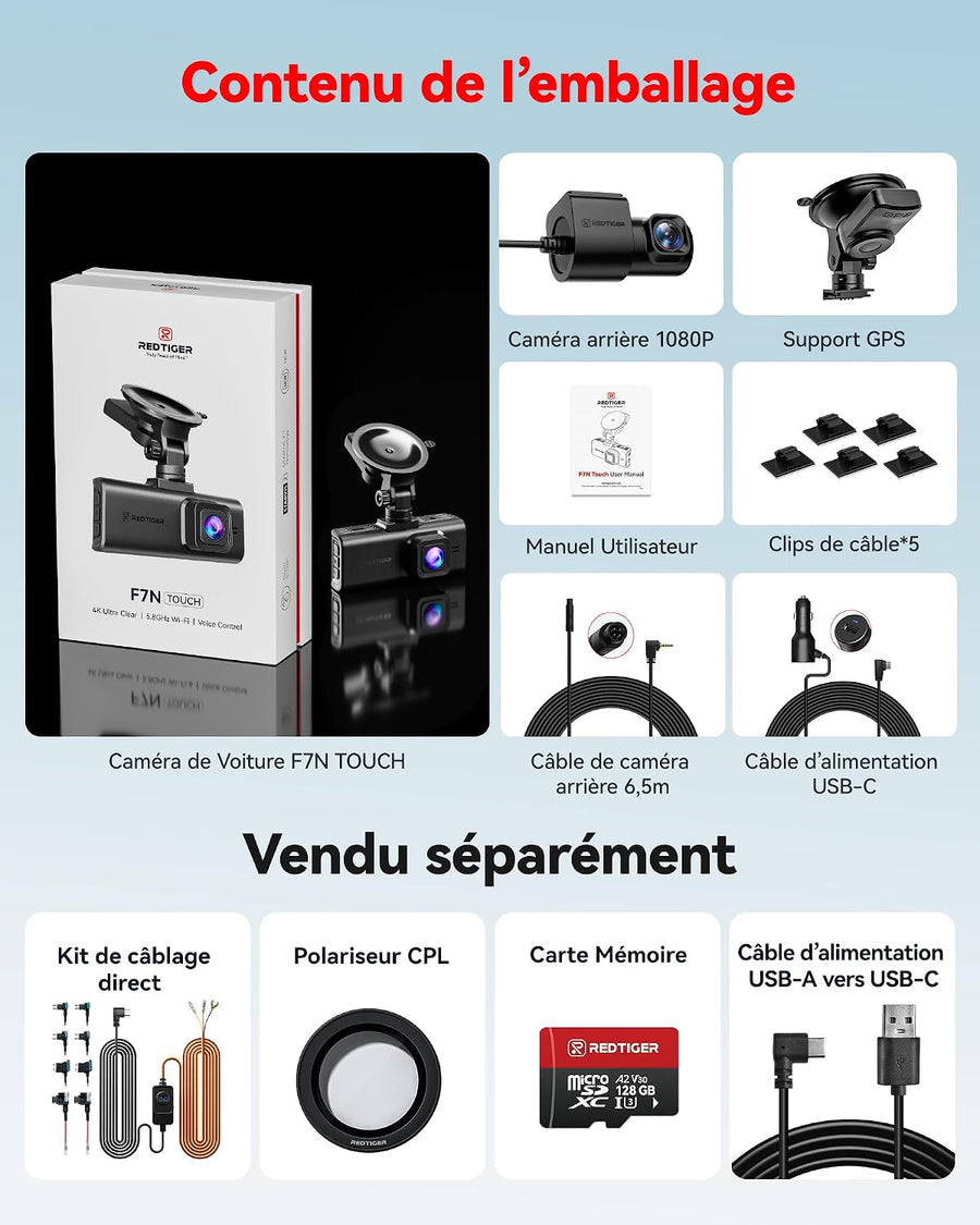 REDTIGER 4K STARVIS 2 Dashcam avant arrière, WiFi 5 GHz 20 Mo/s, commande Écran tactile, GPS, enregistrement en boucle, mode stationnement, enregistrement audio, vision nocturne WDR